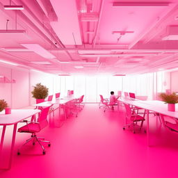 A futuristic co-working space predominantly in white with elements of hot pink, equipped with co-working style desks and chairs to accommodate 30-50 people.