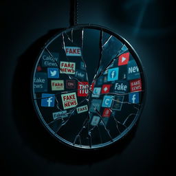 A striking visual representation of a broken mirror symbolizing deception, with jagged cracks reflecting distorted images of various symbols representing misinformation (e