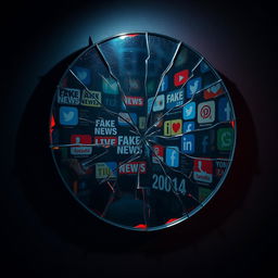 A striking visual representation of a broken mirror symbolizing deception, with jagged cracks reflecting distorted images of various symbols representing misinformation (e