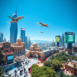 A panoramic view of a futuristic Syria, blending modern architecture and ancient ruins