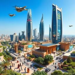 A panoramic view of a futuristic Syria, blending modern architecture and ancient ruins