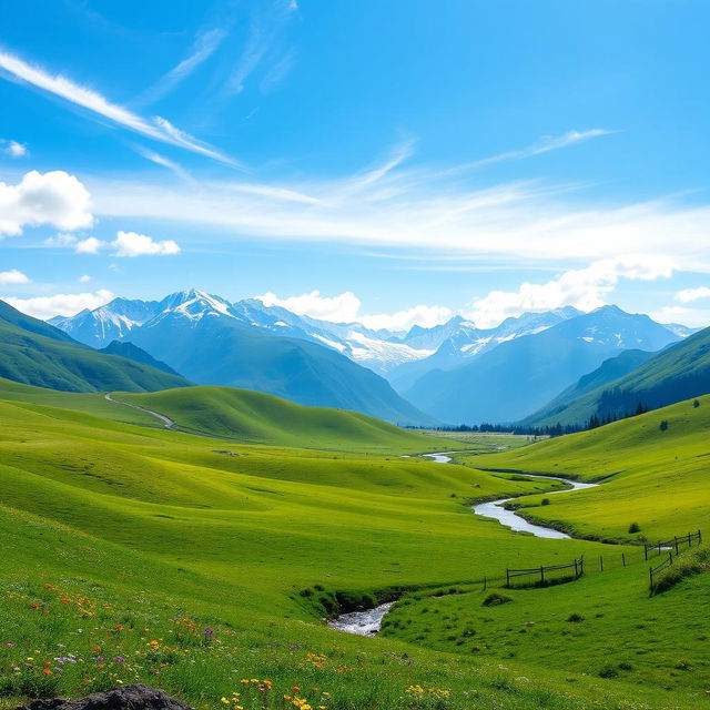 A serene and picturesque landscape featuring a lush green valley with rolling hills, dotted with colorful wildflowers