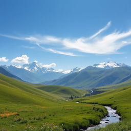 A serene and picturesque landscape featuring a lush green valley with rolling hills, dotted with colorful wildflowers