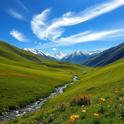 A serene and picturesque landscape featuring a lush green valley with rolling hills, dotted with colorful wildflowers