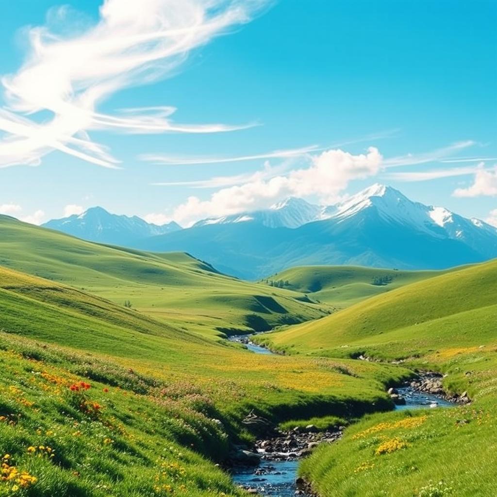 A serene and picturesque landscape featuring a lush green valley with rolling hills, dotted with colorful wildflowers