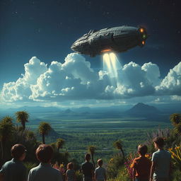 A dramatic scene featuring an alien spaceship landing in a cinematic style, reminiscent of classic sci-fi movies