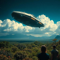 A dramatic scene featuring an alien spaceship landing in a cinematic style, reminiscent of classic sci-fi movies