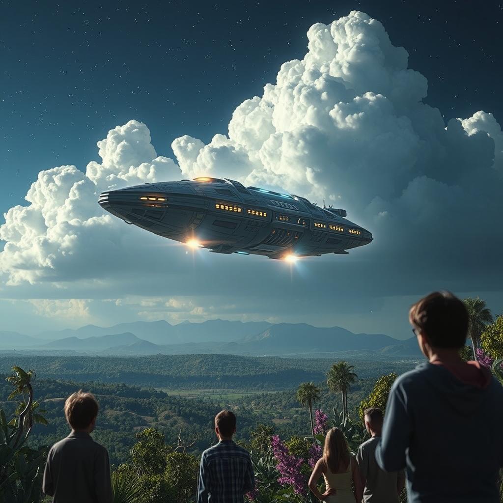 A dramatic scene featuring an alien spaceship landing in a cinematic style, reminiscent of classic sci-fi movies