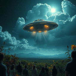 A dramatic scene featuring an alien spaceship landing in a cinematic style, reminiscent of classic sci-fi movies