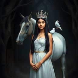A full-body portrayal of a 13-year-old white Brazilian princess with long, straight black hair, dark eyes, and fair skin, elegantly wearing a sparkling crown