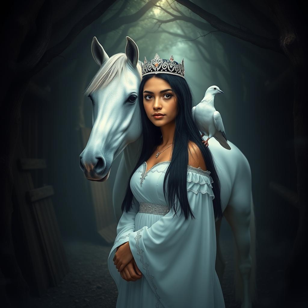 A full-body portrayal of a 13-year-old white Brazilian princess with long, straight black hair, dark eyes, and fair skin, elegantly wearing a sparkling crown