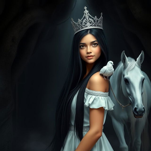 A full-body portrayal of a 13-year-old white Brazilian princess with long, straight black hair, dark eyes, and fair skin, elegantly wearing a sparkling crown