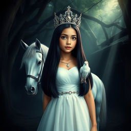 A full-body portrayal of a 13-year-old white Brazilian princess with long, straight black hair, dark eyes, and fair skin, elegantly wearing a sparkling crown
