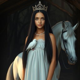 A full-body depiction of an 11-year-old white Brazilian princess with long, straight black hair, dark eyes, and fair skin, gracefully wearing a delicate crown