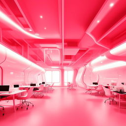 A futuristic co-working space predominantly in white with elements of hot pink, equipped with co-working style desks and chairs to accommodate 30-50 people.