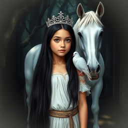 A full-body depiction of an 11-year-old white Brazilian princess with long, straight black hair, dark eyes, and fair skin, gracefully wearing a delicate crown