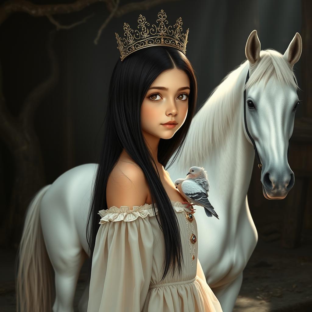 A full-body depiction of an 11-year-old white Brazilian princess with long, straight black hair, dark eyes, and fair skin, gracefully wearing a delicate crown