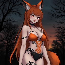A gothic anime kitsune girl with striking orange hair, wearing an intricate orange and black micro bikini