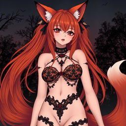 A gothic anime kitsune girl with striking orange hair, wearing an intricate orange and black micro bikini