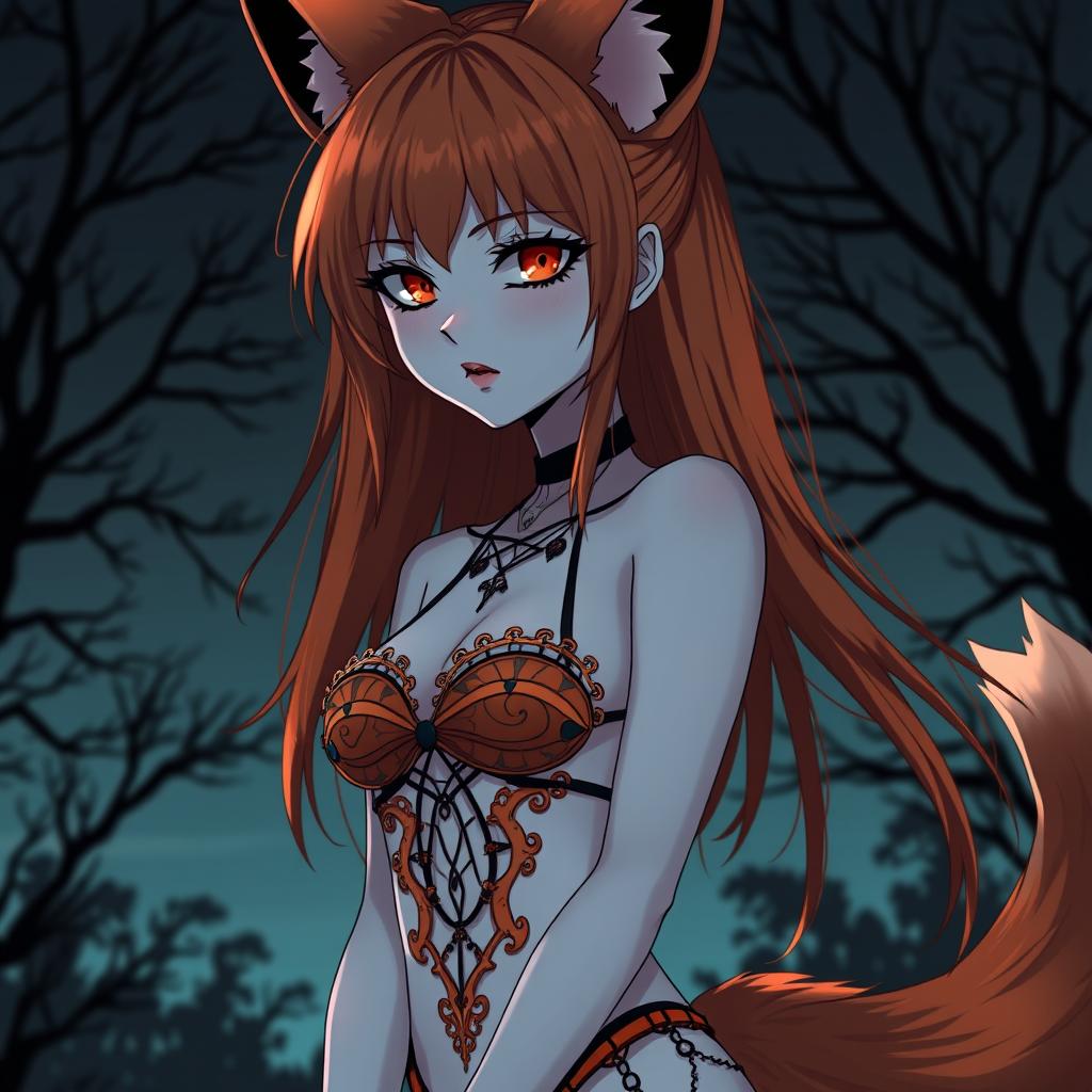 A gothic anime kitsune girl with striking orange hair, wearing an intricate orange and black micro bikini