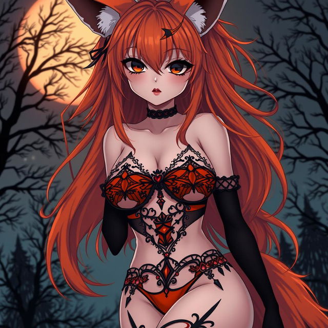 A gothic anime kitsune girl with striking orange hair, wearing an intricate orange and black micro bikini