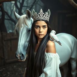 A full-body representation of an 11-year-old white Brazilian princess with long, straight black hair, dark eyes, and fair skin, elegantly wearing a sparkling crown