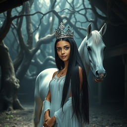 A full-body representation of an 11-year-old white Brazilian princess with long, straight black hair, dark eyes, and fair skin, elegantly wearing a sparkling crown