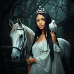 A full-body representation of an 11-year-old white Brazilian princess with long, straight black hair, dark eyes, and fair skin, elegantly wearing a sparkling crown