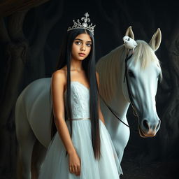 A full-body representation of an 11-year-old white Brazilian princess with long, straight black hair, dark eyes, and fair skin, elegantly wearing a sparkling crown