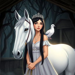 A full-body illustration of an 11-year-old white Brazilian princess with long, straight black hair, dark eyes, and fair skin, elegantly adorned with a sparkling crown