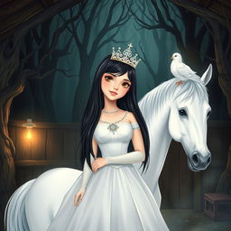 A full-body illustration of an 11-year-old white Brazilian princess with long, straight black hair, dark eyes, and fair skin, elegantly adorned with a sparkling crown