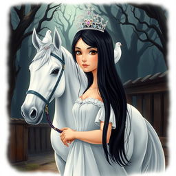 A full-body illustration of an 11-year-old white Brazilian princess with long, straight black hair, dark eyes, and fair skin, elegantly adorned with a sparkling crown