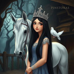 A full-body illustration of an 11-year-old white Brazilian princess with long, straight black hair, dark eyes, and fair skin, elegantly adorned with a sparkling crown
