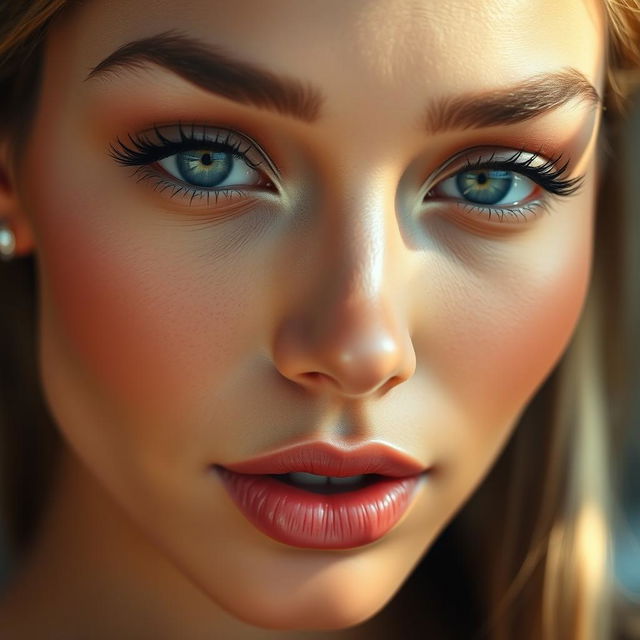 A close-up view of a beautifully detailed face with striking features, luminous skin, and captivating eyes