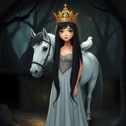 A full-body illustration of an 11-year-old white Brazilian princess featuring long, straight black hair, dark eyes, and fair skin, wearing a beautiful crown that sparkles in the dim light