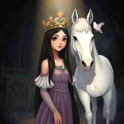 A full-body illustration of an 11-year-old white Brazilian princess featuring long, straight black hair, dark eyes, and fair skin, wearing a beautiful crown that sparkles in the dim light