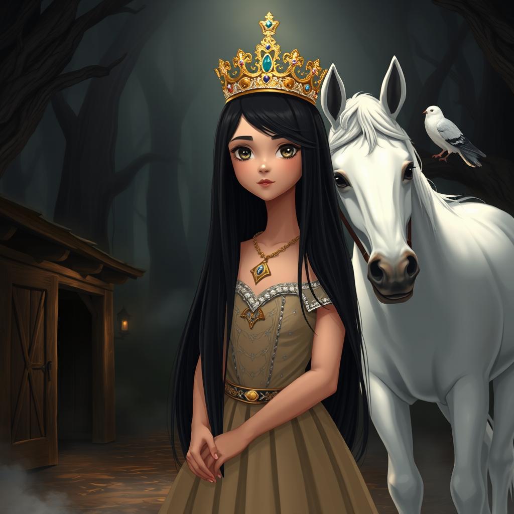 A full-body illustration of an 11-year-old white Brazilian princess featuring long, straight black hair, dark eyes, and fair skin, wearing a beautiful crown that sparkles in the dim light