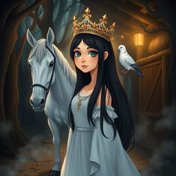 A full-body illustration of an 11-year-old white Brazilian princess featuring long, straight black hair, dark eyes, and fair skin, wearing a beautiful crown that sparkles in the dim light