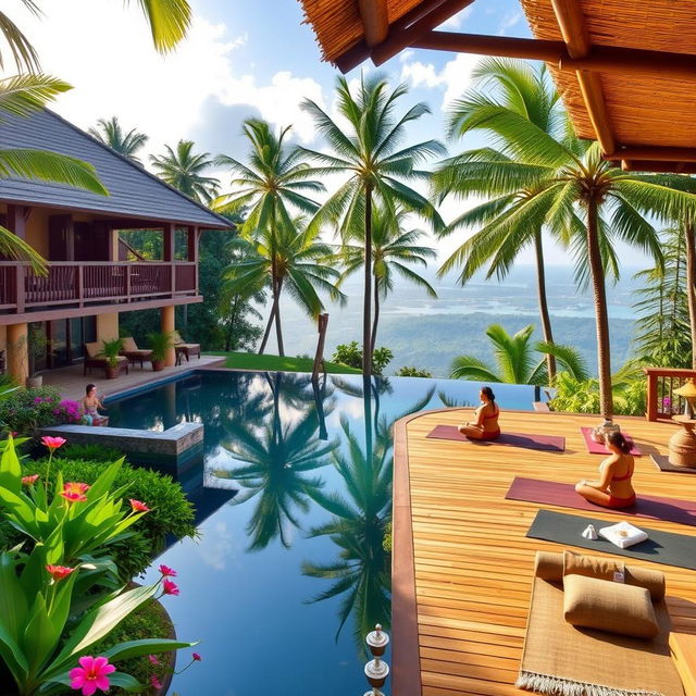 A serene Ayurveda wellness hotel set in a lush, tropical environment