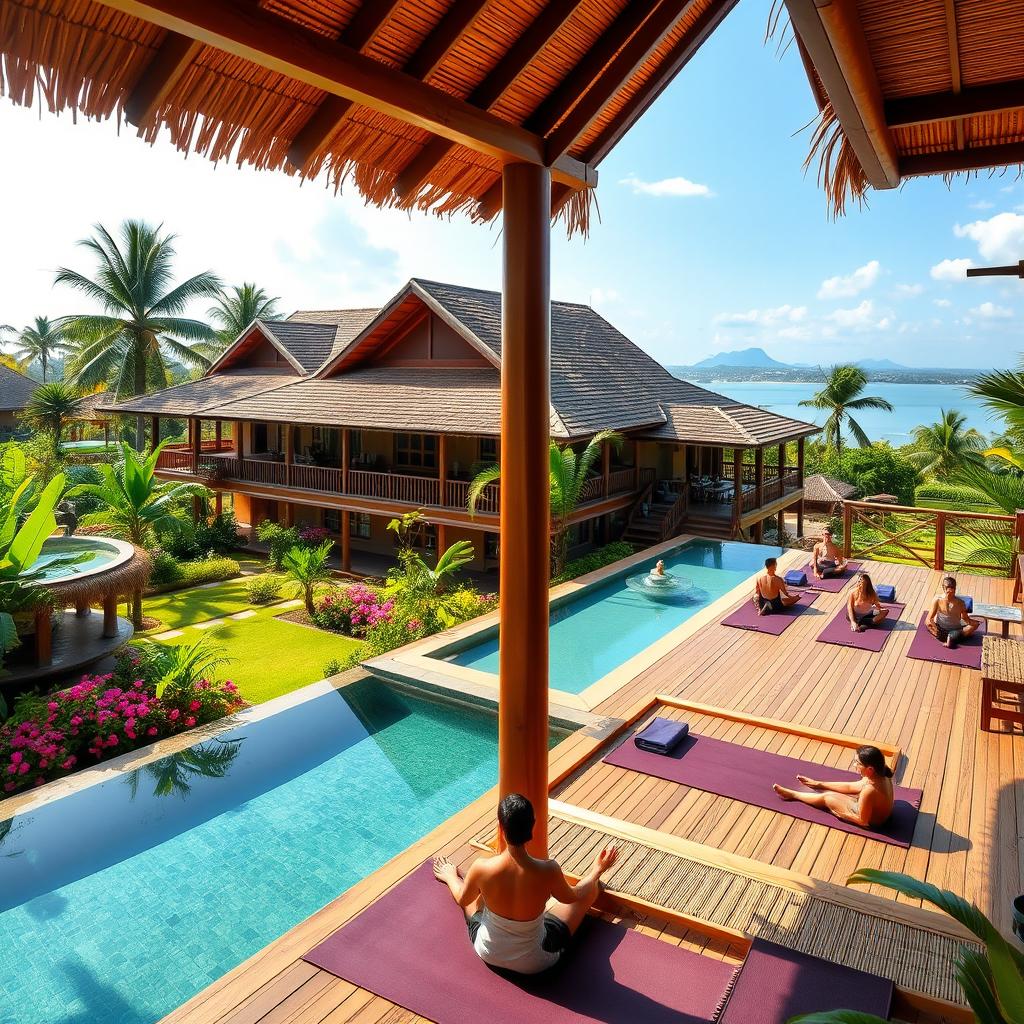 A serene Ayurveda wellness hotel set in a lush, tropical environment