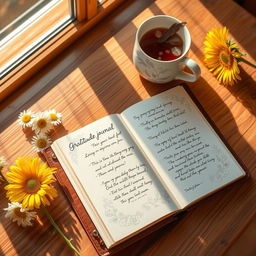 A beautifully designed gratitude journal on a wooden table, with an open page showing handwritten notes of appreciation in elegant calligraphy