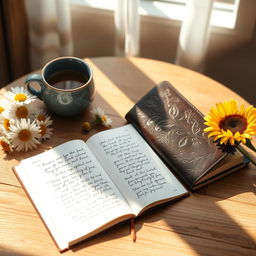 A beautifully designed gratitude journal on a wooden table, with an open page showing handwritten notes of appreciation in elegant calligraphy