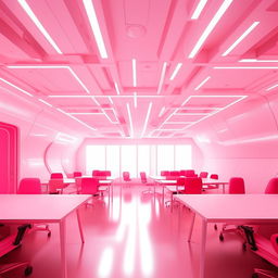 A futuristic co-working space predominantly in white with elements of hot pink, equipped with co-working style desks and chairs to accommodate 30-50 people.