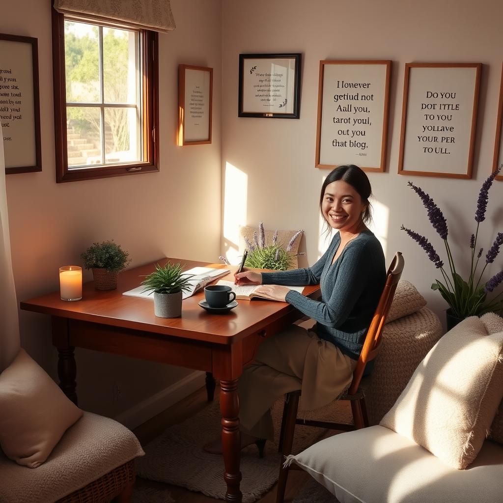 A cozy room with a warm, inviting atmosphere where a person is sitting at a wooden desk, writing in a gratitude journal
