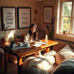 A cozy room with a warm, inviting atmosphere where a person is sitting at a wooden desk, writing in a gratitude journal
