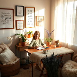 A cozy room with a warm, inviting atmosphere where a person is sitting at a wooden desk, writing in a gratitude journal
