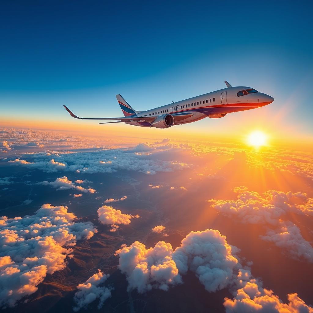 A stunning aerial view of a modern airplane cruising through a clear blue sky above fluffy white clouds during a vibrant sunset