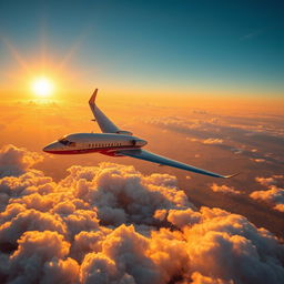 A stunning aerial view of a modern airplane cruising through a clear blue sky above fluffy white clouds during a vibrant sunset
