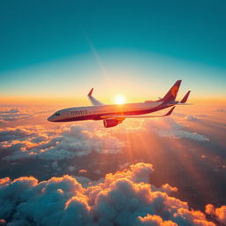 A stunning aerial view of a modern airplane cruising through a clear blue sky above fluffy white clouds during a vibrant sunset