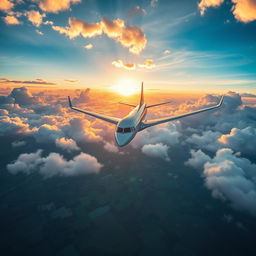 A breathtaking aerial view of a majestic airplane soaring through a vibrant sunset sky filled with fluffy clouds, showcasing the elegant curves and sleek design of the aircraft
